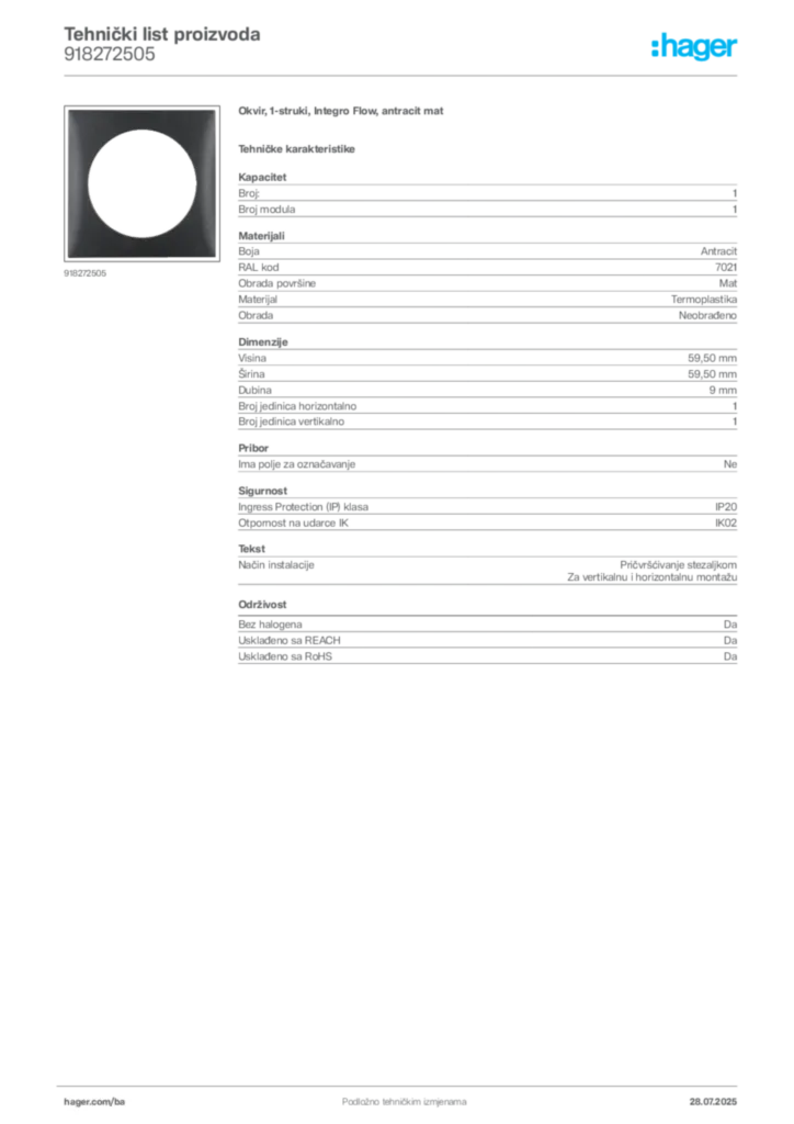 Slika Hager Product data sheet 918272505  | Hager
