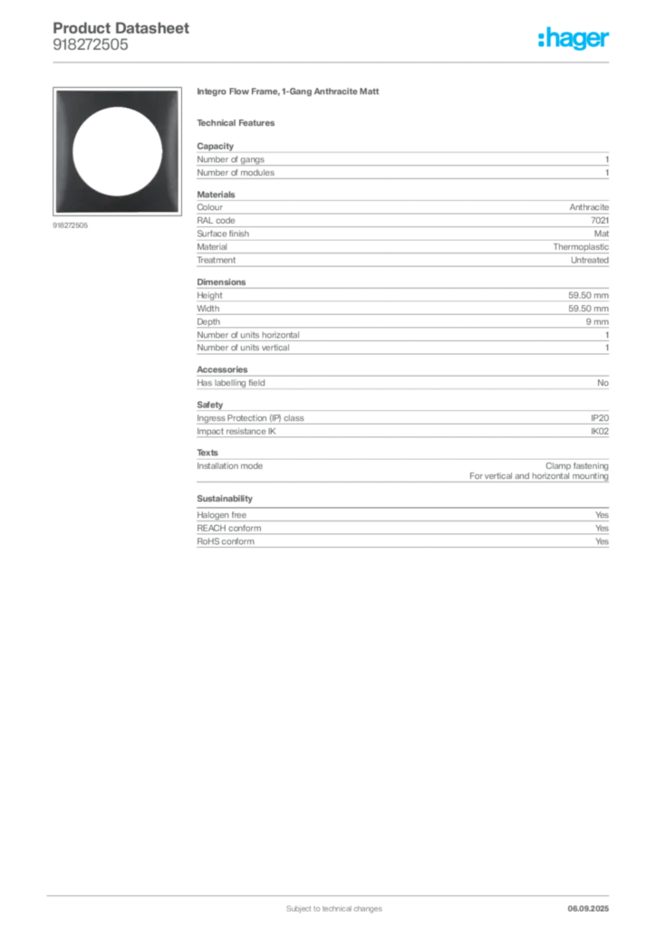 Image Hager Product data sheet 918272505  | Hager