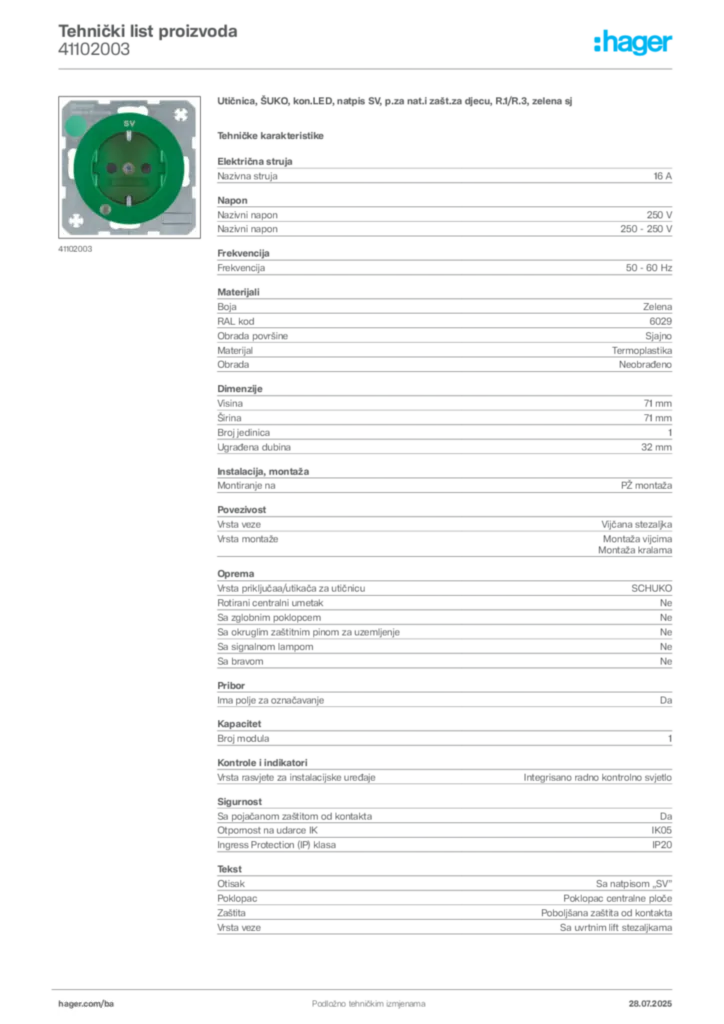 Slika Hager Product data sheet 41102003  | Hager