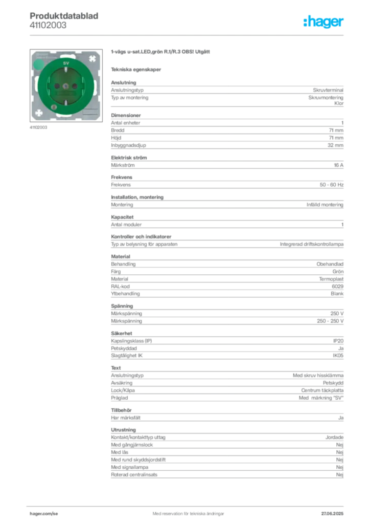 Bild Hager Produktdatablad 41102003 | Hager Sverige
