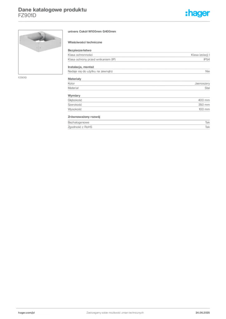 Zdjęcie Hager Karta katalogowa FZ901D | Hager Polska