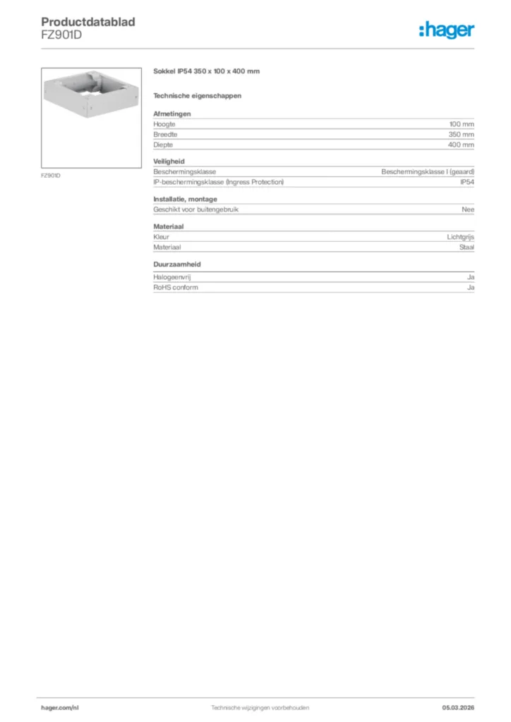 Afbeelding Hager Productdatablad FZ901D | Hager Nederland