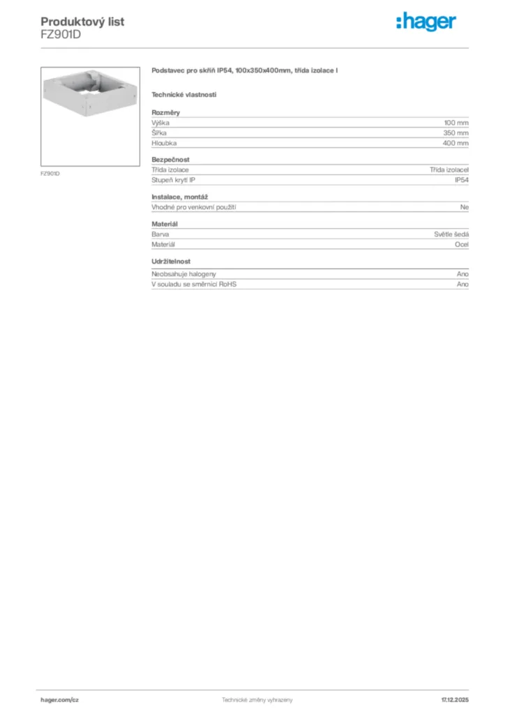 Obrázek Hager Produktový list FZ901D | Hager