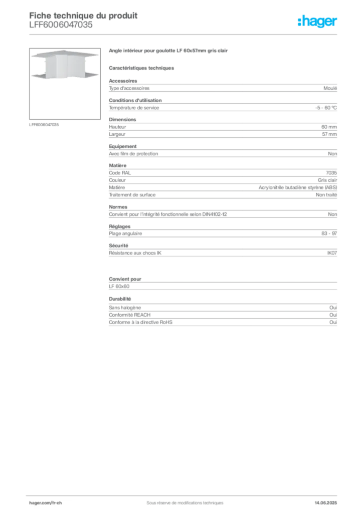 Image Hager Fiche technique du produit LFF6006047035 | Hager Suisse