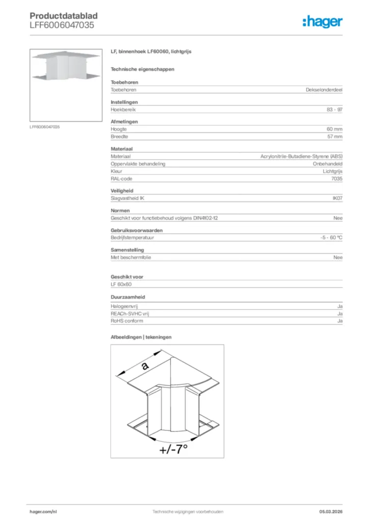Afbeelding Hager Productdatablad LFF6006047035 | Hager Nederland