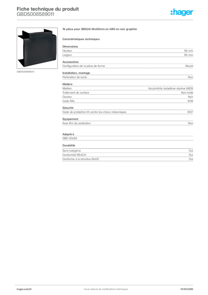 Image Hager Fiche technique du produit GBD5008589011 | Hager France