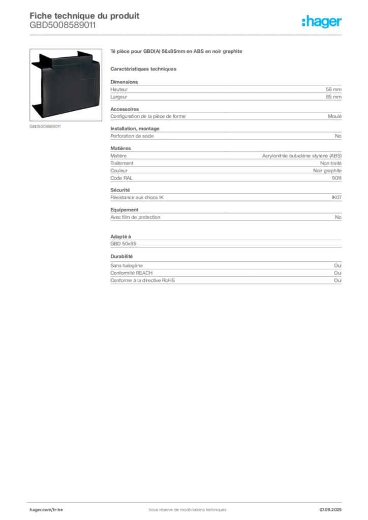 Image Hager Fiche technique du produit GBD5008589011 | Hager Belgique