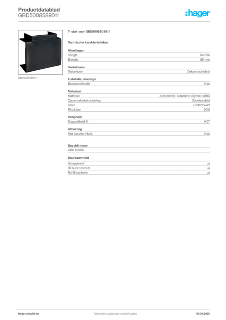 Afbeelding Hager Productdatablad GBD5008589011 | Hager Belgium