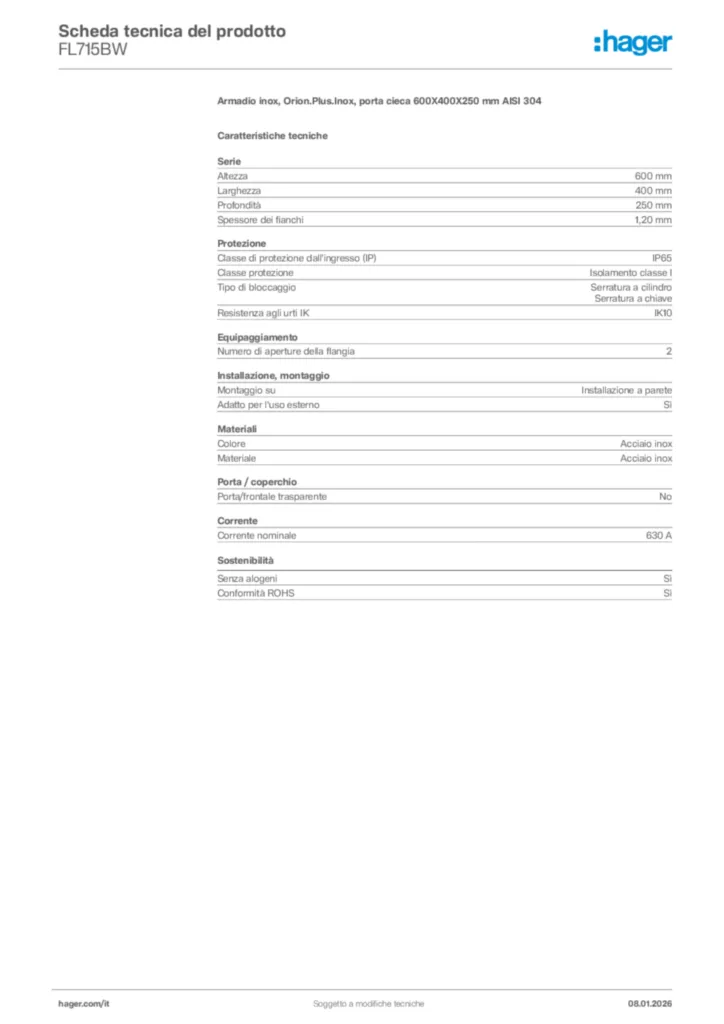 Immagine Hager Scheda tecnica del prodotto FL715BW | Hager Italia