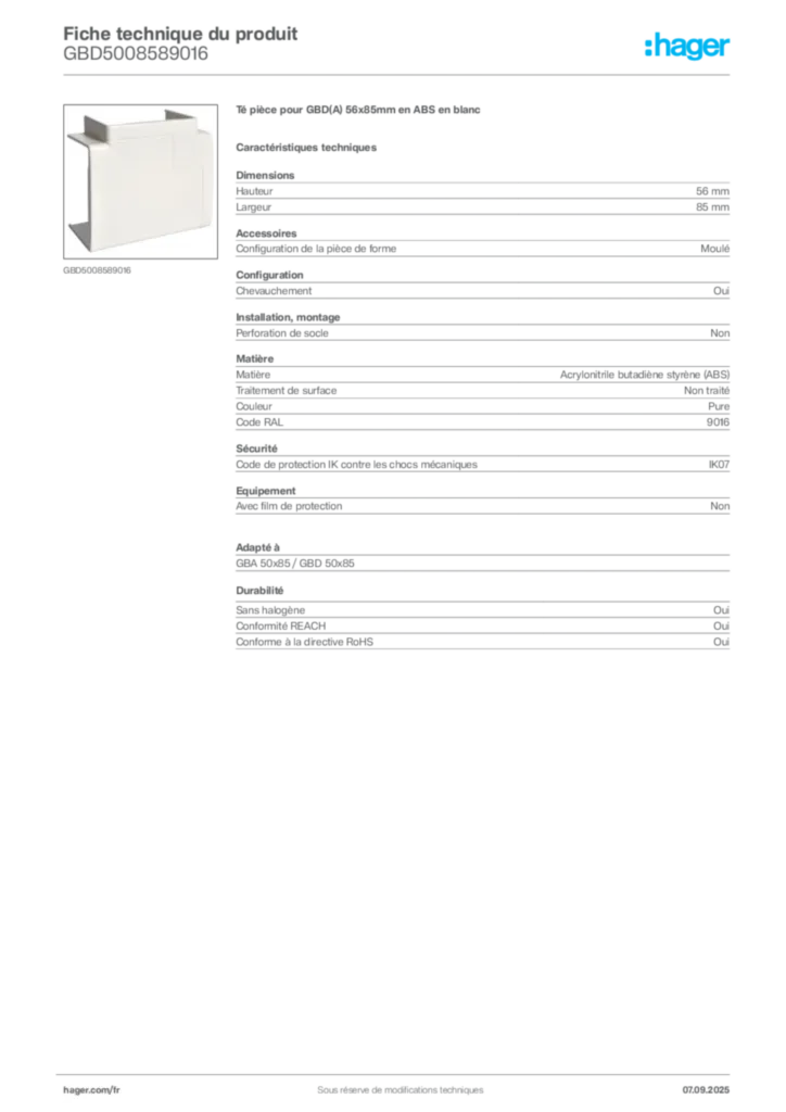 Image Hager Fiche technique du produit GBD5008589016 | Hager France