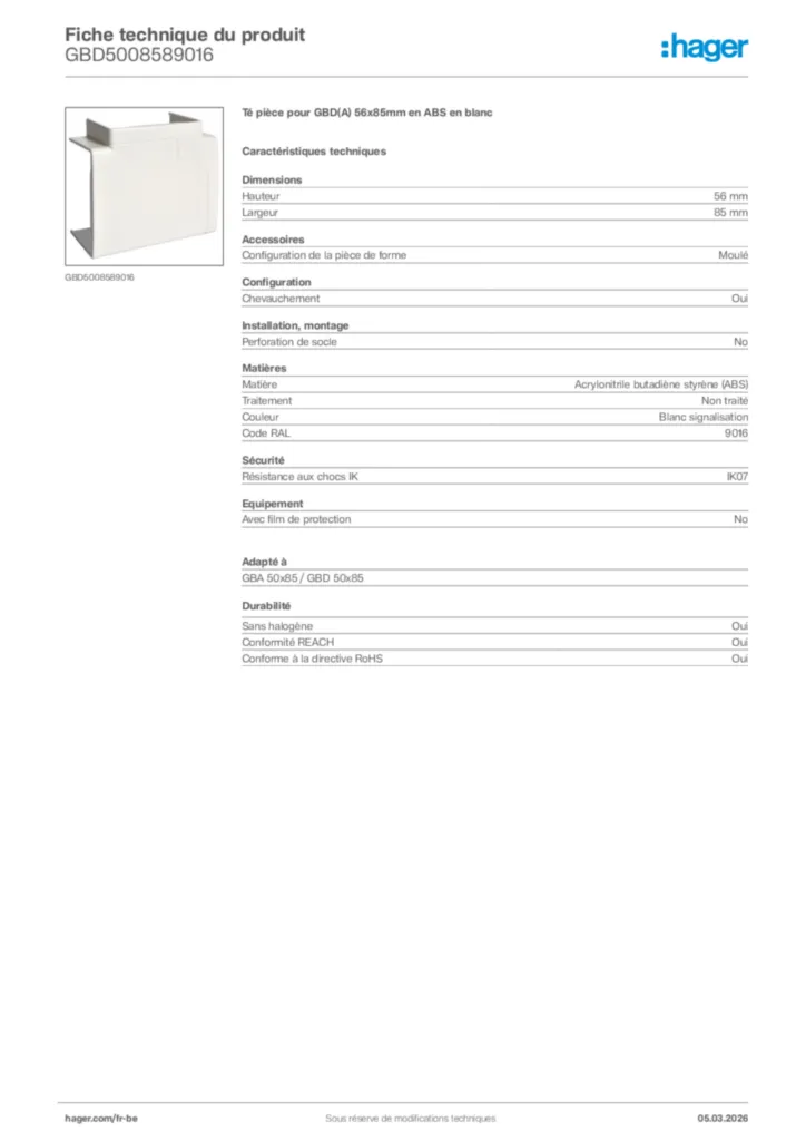 Image Hager Fiche technique du produit GBD5008589016 | Hager Belgique