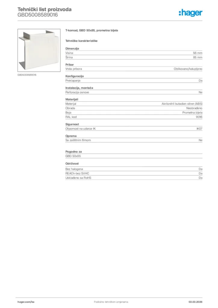 Slika Hager Tehnički list proizvoda GBD5008589016  | Hager