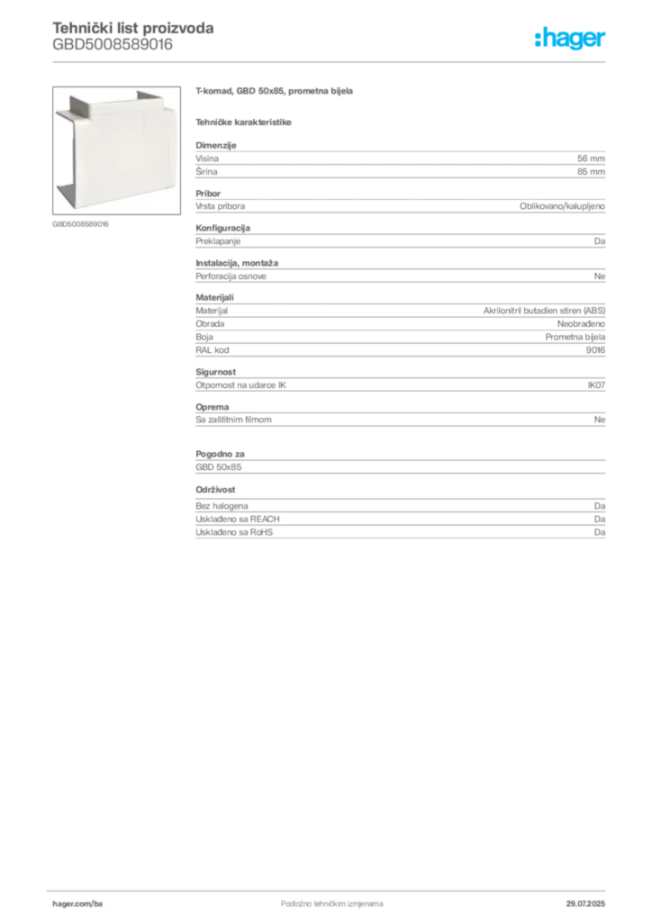 Slika Hager Product data sheet GBD5008589016  | Hager