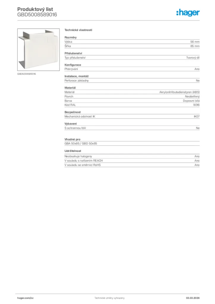 Obrázek Hager Product data sheet GBD5008589016 | Hager