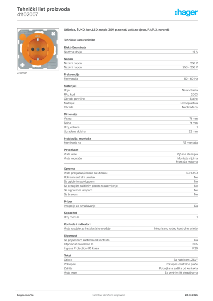 Slika Hager Product data sheet 41102007  | Hager