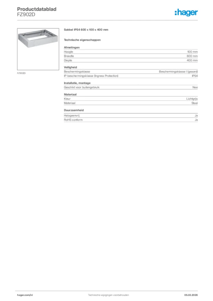 Afbeelding Hager Productdatablad FZ902D | Hager Nederland