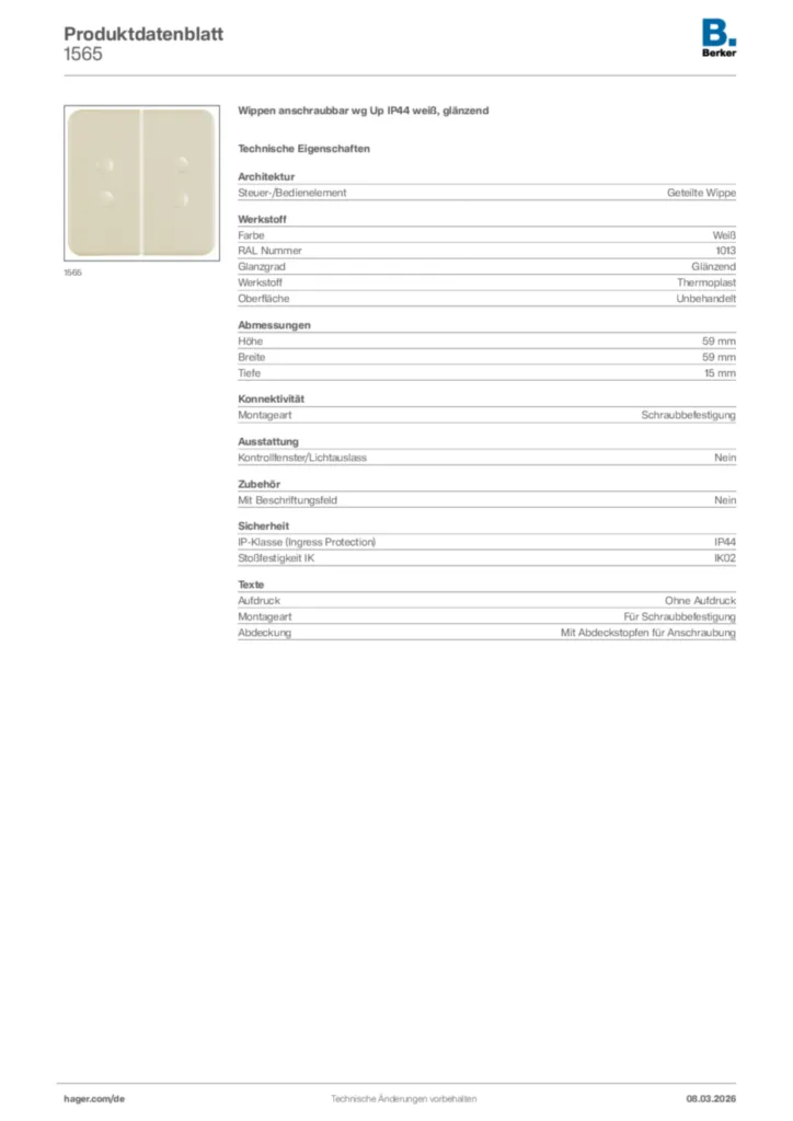 Bild Berker Produktdatenblatt 1565 | Hager Deutschland