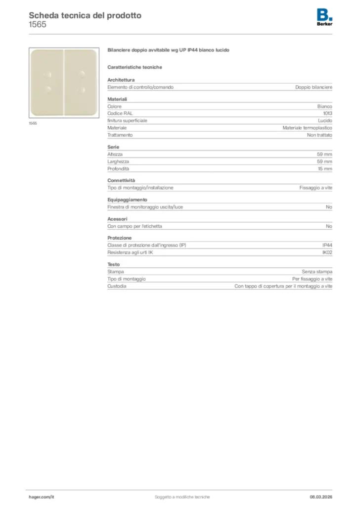 Immagine Berker Scheda tecnica del prodotto 1565 | Hager Italia