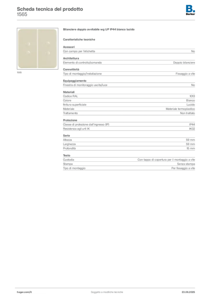 Immagine Berker Scheda tecnica del prodotto 1565 | Hager Italia