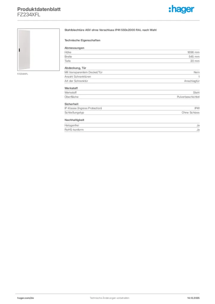Bild Hager Produktdatenblatt FZ234XFL | Hager Deutschland