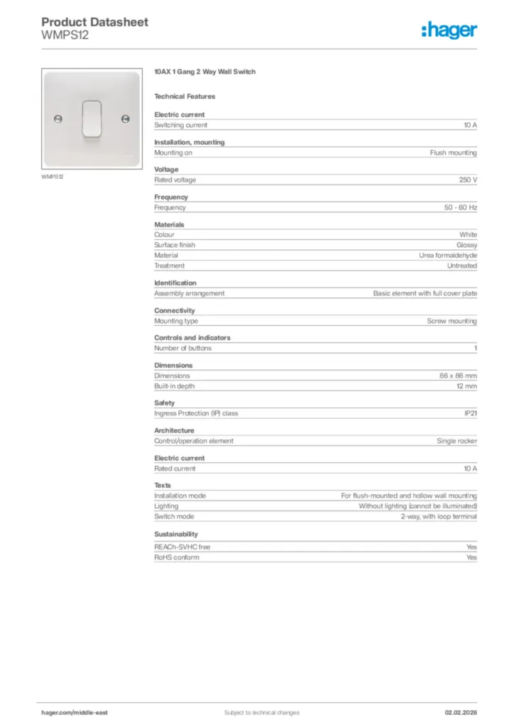 Image Hager Product data sheet WMPS12  | Hager