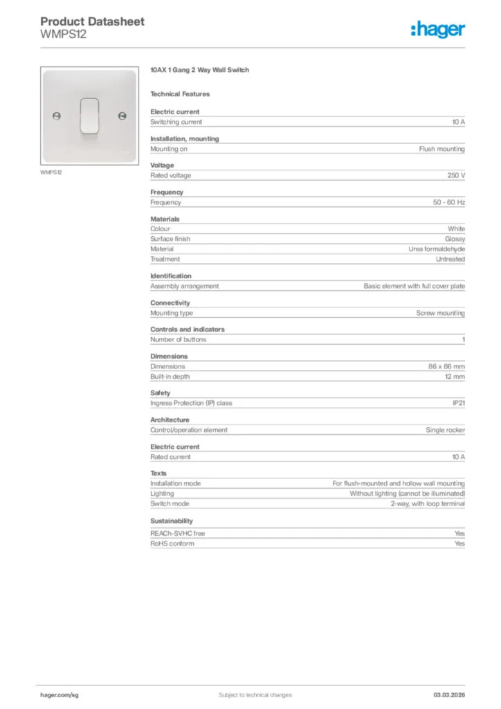 Image Hager Product data sheet WMPS12  | Hager