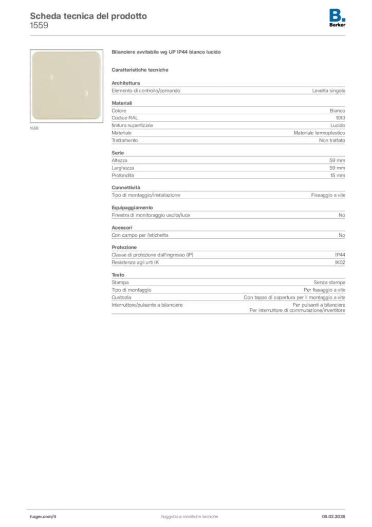Immagine Berker Scheda tecnica del prodotto 1559 | Hager Italia