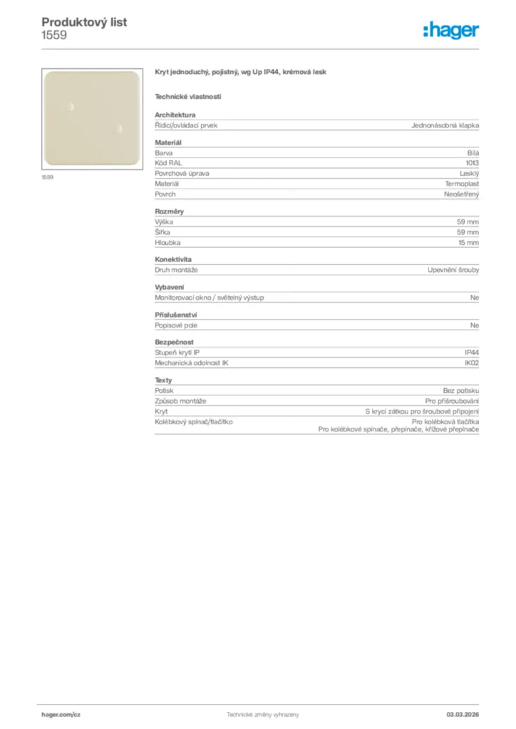 Obrázek Hager Product data sheet 1559 | Hager