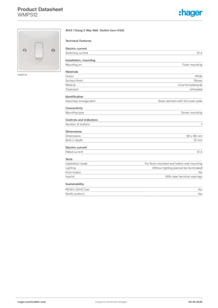 Image Hager Product data sheet WMPS12  | Hager