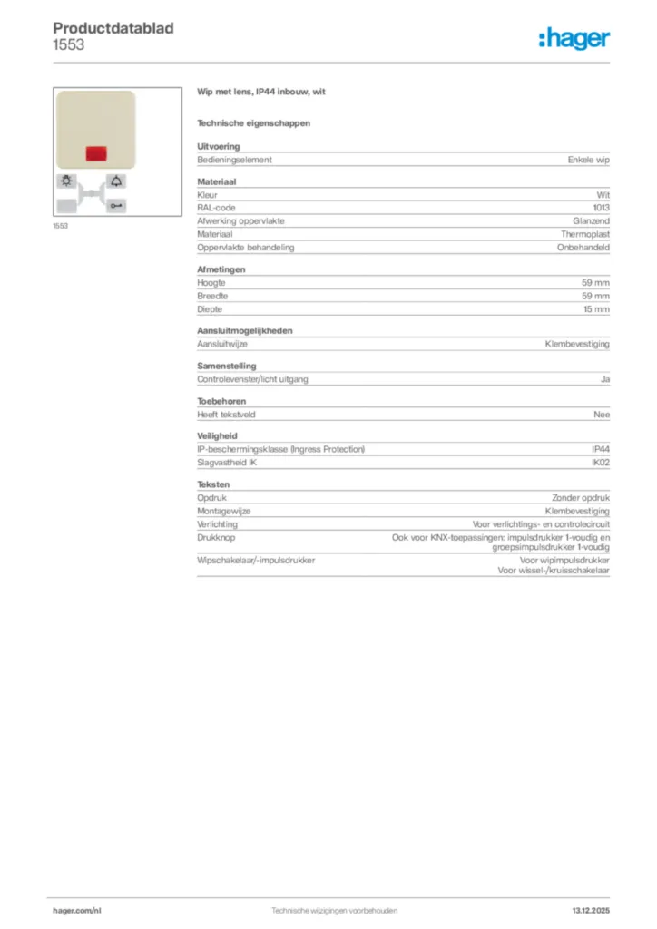 Afbeelding Hager Productdatablad 1553 | Hager Nederland