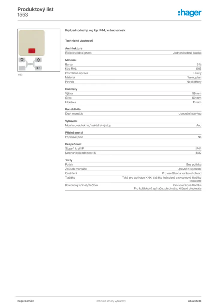 Obrázek Hager Product data sheet 1553 | Hager