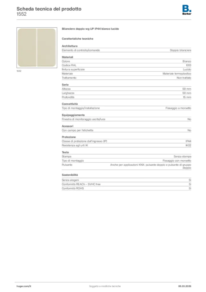 Immagine Berker Scheda tecnica del prodotto 1552 | Hager Italia