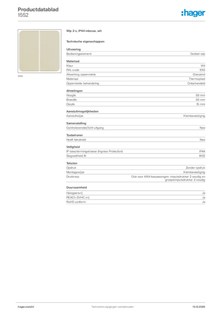 Afbeelding Hager Productdatablad 1552 | Hager Nederland