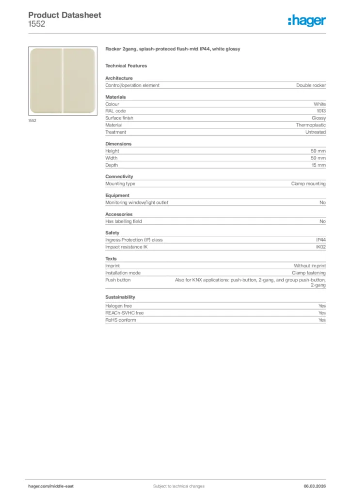 Image Hager Product data sheet 1552  | Hager