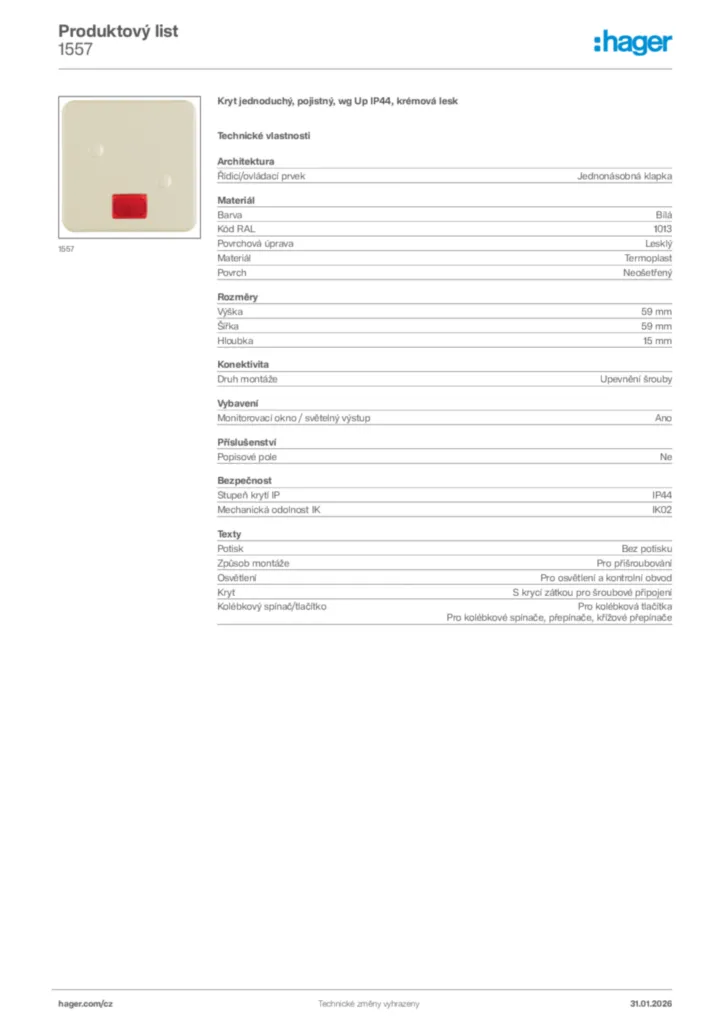 Obrázek Hager Product data sheet 1557 | Hager