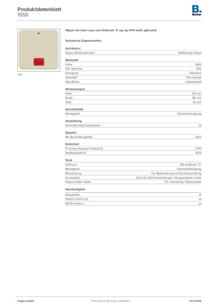 Bild Berker Produktdatenblatt 1558 | Hager Deutschland
