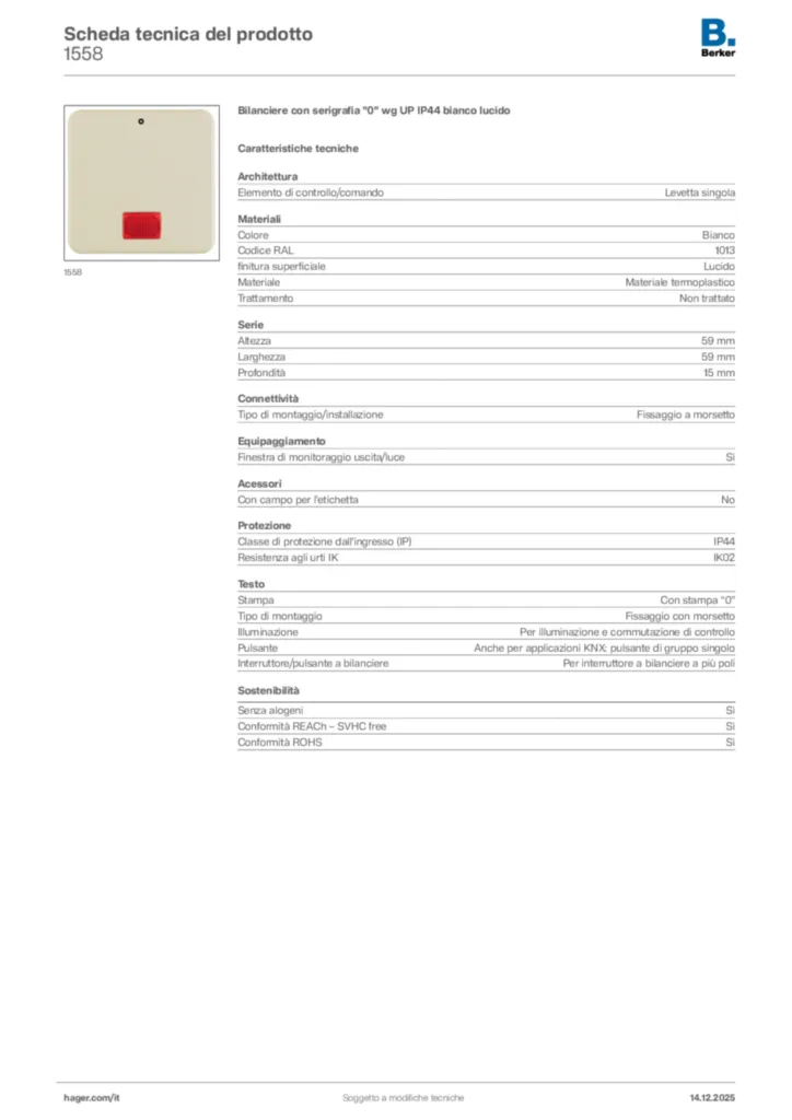 Immagine Berker Scheda tecnica del prodotto 1558 | Hager Italia