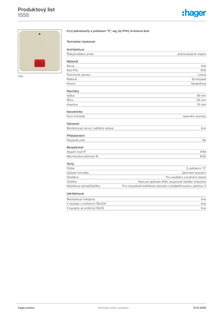Obrázek Hager Product data sheet 1558 | Hager