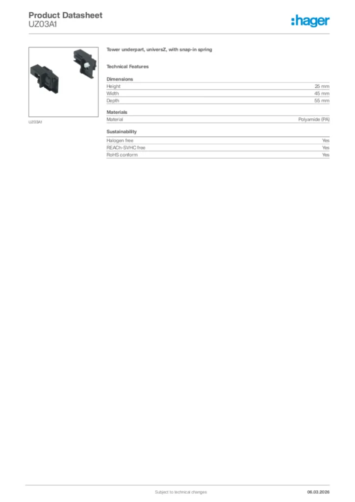 Image Hager Product data sheet UZ03A1  | Hager Africa