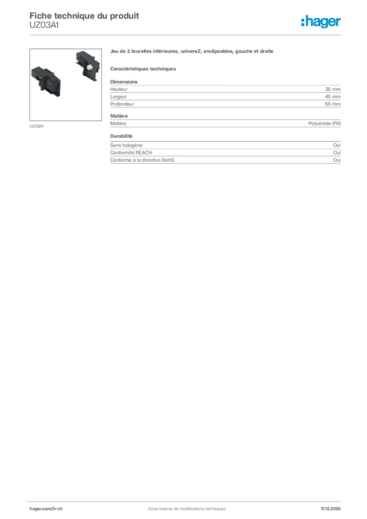 Image Hager Fiche technique du produit UZ03A1 | Hager Suisse