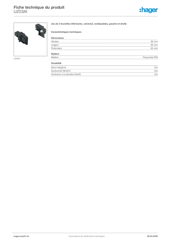 Image Hager Fiche technique du produit UZ03A1 | Hager Suisse