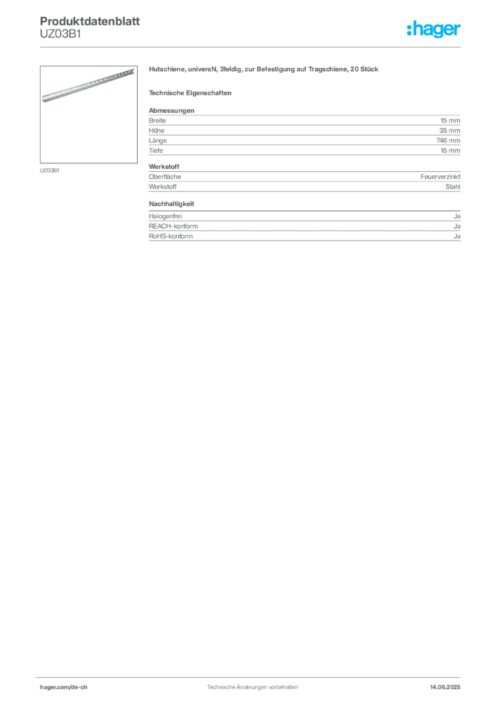 Bild Hager Produktdatenblatt UZ03B1 | Hager Schweiz