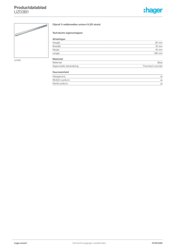 Afbeelding Hager Productdatablad UZ03B1 | Hager Nederland