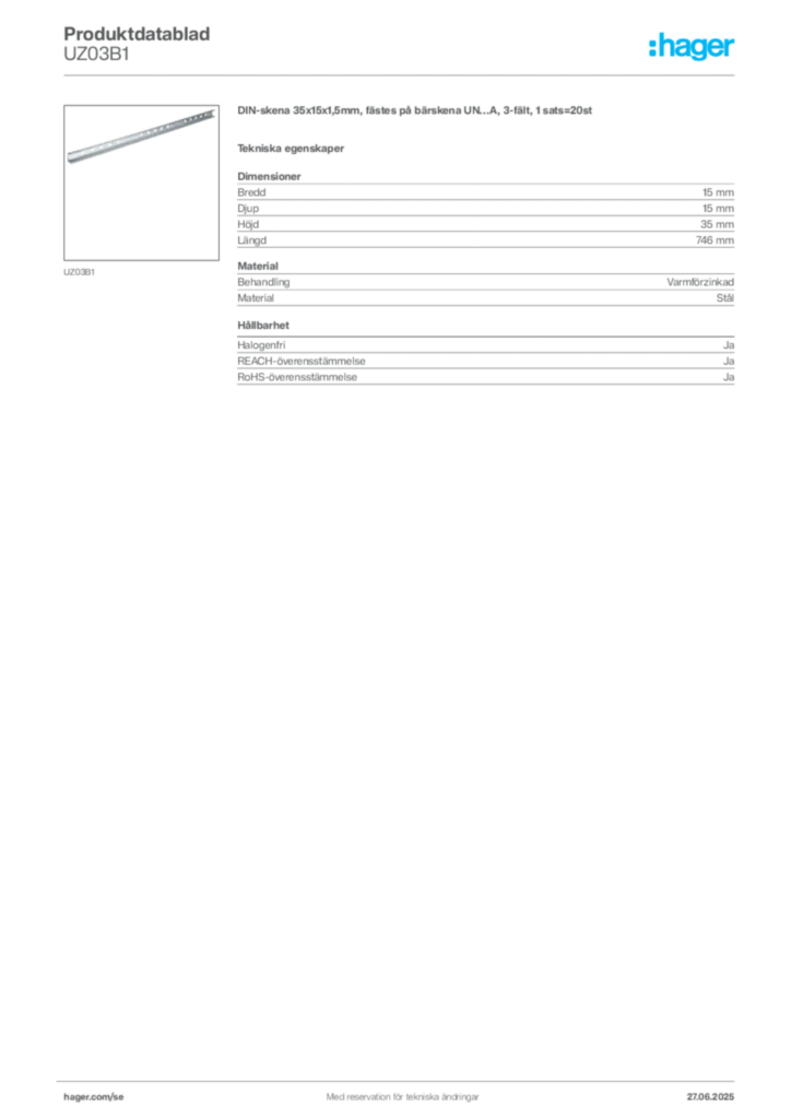 Bild Hager Produktdatablad UZ03B1 | Hager Sverige
