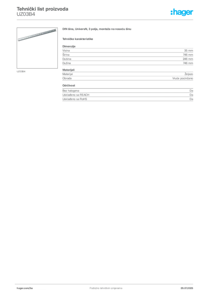 Slika Hager Product data sheet UZ03B4  | Hager
