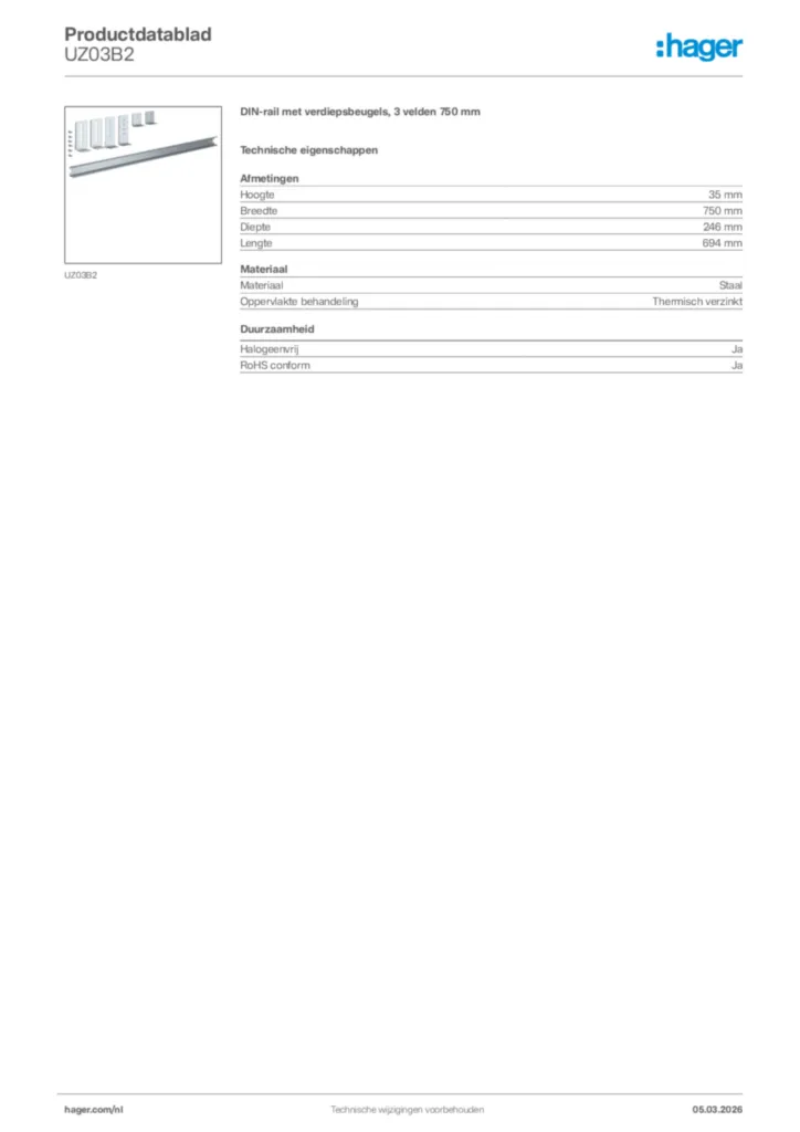 Afbeelding Hager Productdatablad UZ03B2 | Hager Nederland