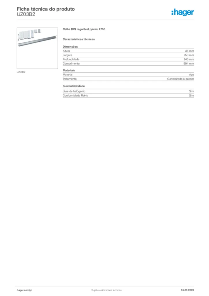 Imagem Hager Ficha técnica do produto UZ03B2 | Hager Portugal