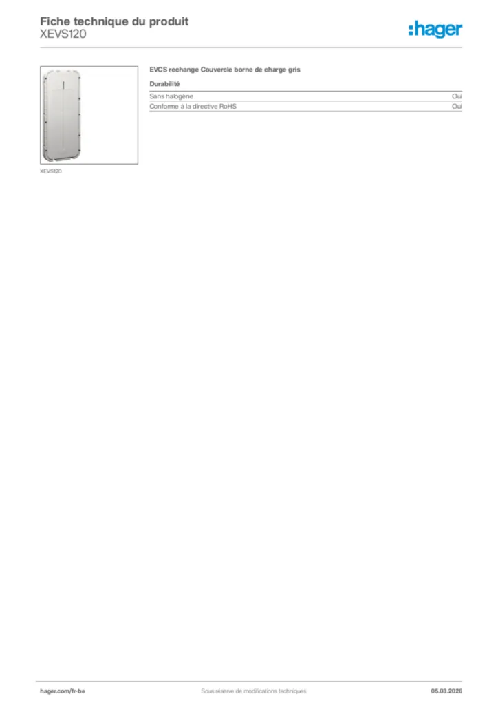 Image Hager Fiche technique du produit XEVS120 | Hager Belgique