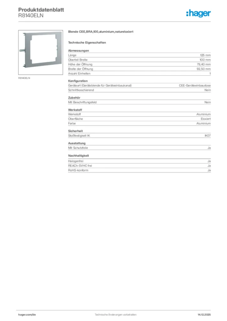 Bild Hager Produktdatenblatt R8140ELN | Hager Deutschland
