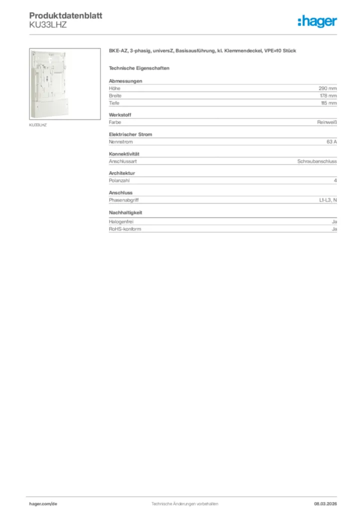 Bild Hager Produktdatenblatt KU33LHZ | Hager Deutschland